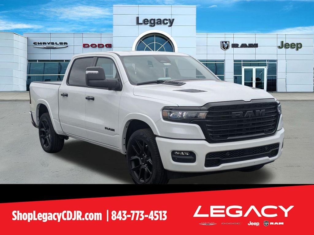2026 RAM Ram 1500 RAM 1500 LARAMIE CREW CAB 4X4 5'7' BOX in Ivory White Tri-Coat Pearl-Coat Exterior Paint — front three-quarter view